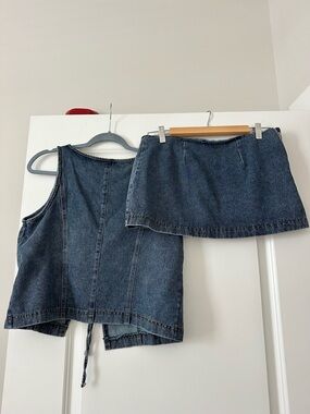 Denim Lace-Up Top & Mini Skirt Set - Dark Blue